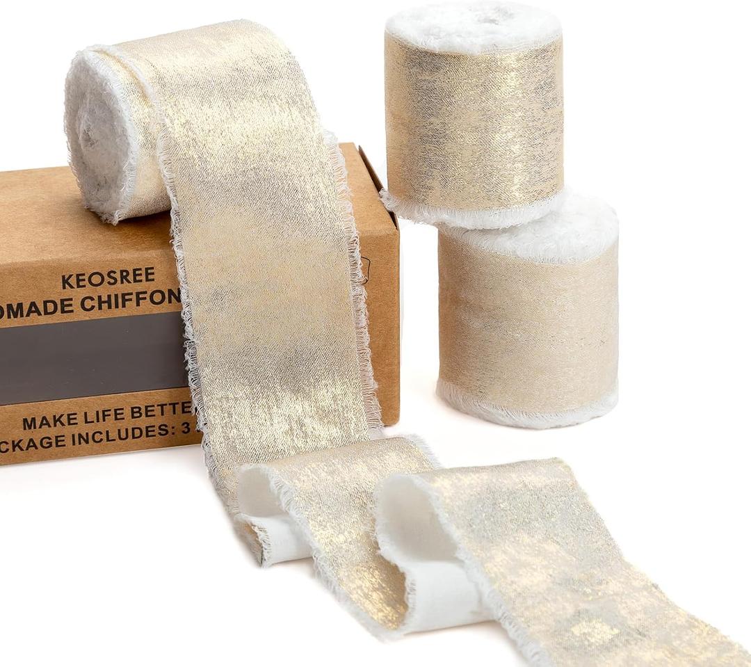 KEOSREE Champagne Gold Silk Chiffon Ribbon,Ivory White Frayed Shimmery Silk Ribbon for Bridal Flower Bouquet Gift Wrapping Wedding Decor Invitations Decorations 1.5" x 15 Yards (5Yards X 3 Rolls)