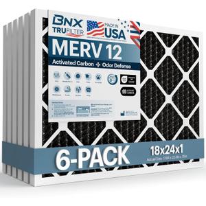 BNX TruFilter 18x24x1 MERV 12 Odor Defense (6-Pack) AC Furnace Air Filter with Activated Carbon - MADE IN USA - Pleated Air Conditioner HVAC AC Furnace Filters - Removes Odor, Mold, Bacteria, Smoke