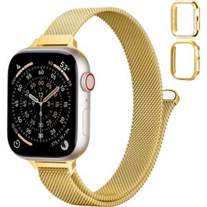 Slim Milanese Loop and Case for Apple Watch Bands for Women 40mm,Thin Magnetic Mesh Stainless Steel Dressy Wristband Strap for iWatch Series 6/5/4/SE3/SE2/SE,06-gold