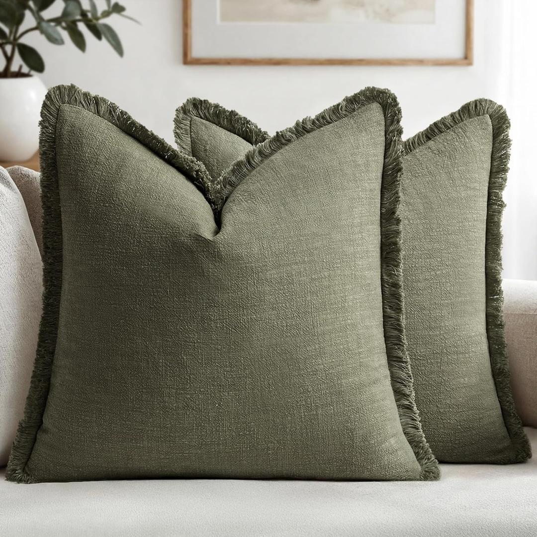 MIULEE Decorative Throw Pillow Covers Neutral Linen Fringe Throw Pillows Set of 2 Olive Green Boho Farmhouse Cushion Covers with Tassels for Couch Sofa Bed Living Room Spring Home Decor 18x18 Inch