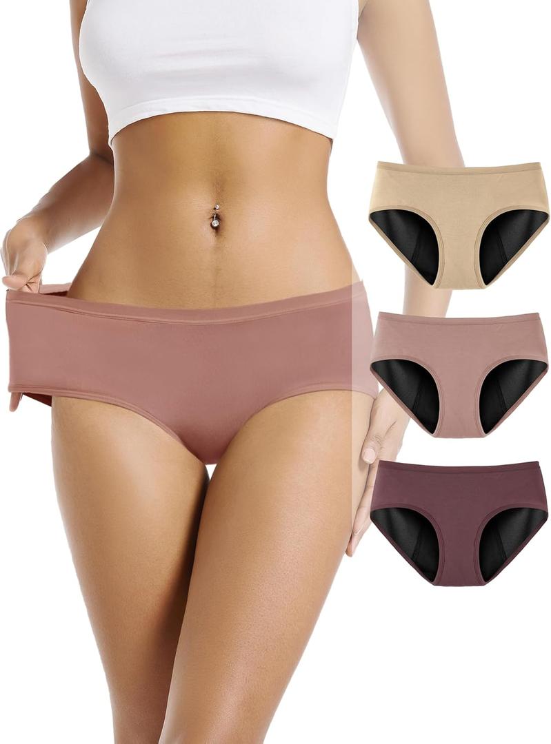 TIICHOO Period Underwear for Women Heavy Flow Soft Absorbent Menstrual Panties Teens Incontinence Leakproof 3 Pack (Small, Beige/Rose Gold/Brown)