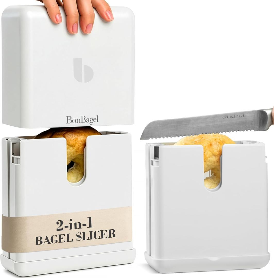 BonBagel Bagel Cutter Slicer  Precision Bagel Slicer with Auto-Center Holder  Compact 7-Inch Space-Saving Design for Even Cutting Large and Small Bread at Home or Caf Kitchen-White