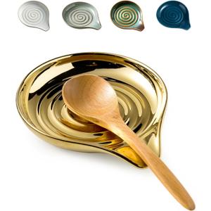 LAUCHUH Spoon Rest for Stove Top, Ceramic Spoon Holder for Kitchen Countertop Large Utensil Rest for Spatula, Spoons or Tong, Ladle, Fork, Christmas, 5 inch, Gold