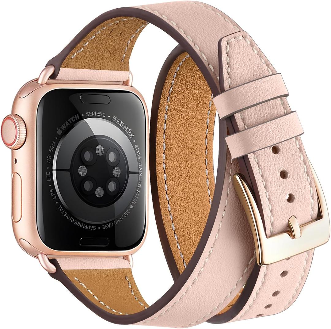 Bestig Bands Compatible with Apple Watch Band 40mm 41mm 38mm 42mm(Series 10 11) Women Men, Genuine Leather Double Tour Designed Slim Thin Strap for iWatch SE1/2/3 Ultra 3/2/1 Series 9 8 7 6 5 4 3 2 1 (Pink Sand+Rose Gold)