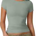 QINSEN Women's Crew Neck Short Sleeve Tees Double Lined Slim Fit T Shirt Basic Y2K Tops (Medium)