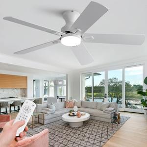 48 Inch Ceiling Fans with Lights and Remote, White Ceiling Fan, Downrod Style with 5 Blades, Modern Design For Indoor Bedroom Living Room/Outdoor, 6 Speed Reversible DC Motor, 3CCT Dimmable LED