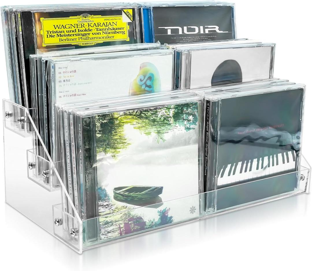 3Tier Clear Acrylic CD Holder Cascading CD Storage Rack, DVD/CD Display Rack & Vinyl Record Storage Stand Holds up to 24 Standard CD Cases for Media Shelf Storage and Organization (Clear, Medium size)