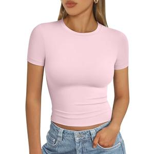 AUTOMET Women's Short Sleeve T Shirts Basic Summer 2025 Workout Tops Crew Neck Gym Crop Tops Trendy Y2K Clothes Light Pink M
