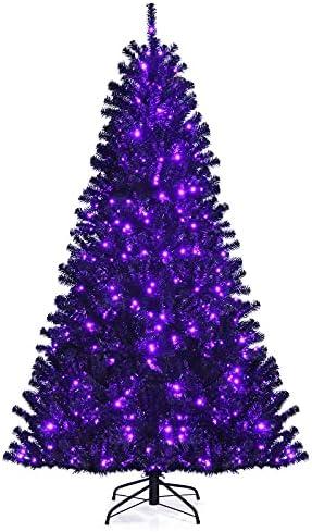 Goplus 7ft Pre-lit Black Christmas Tree, Hinged Artificial Halloween Tree w/ 500 Purple LED Lights & Metal Stand, Perfect Xmas Tree for Holiday Festival Parties