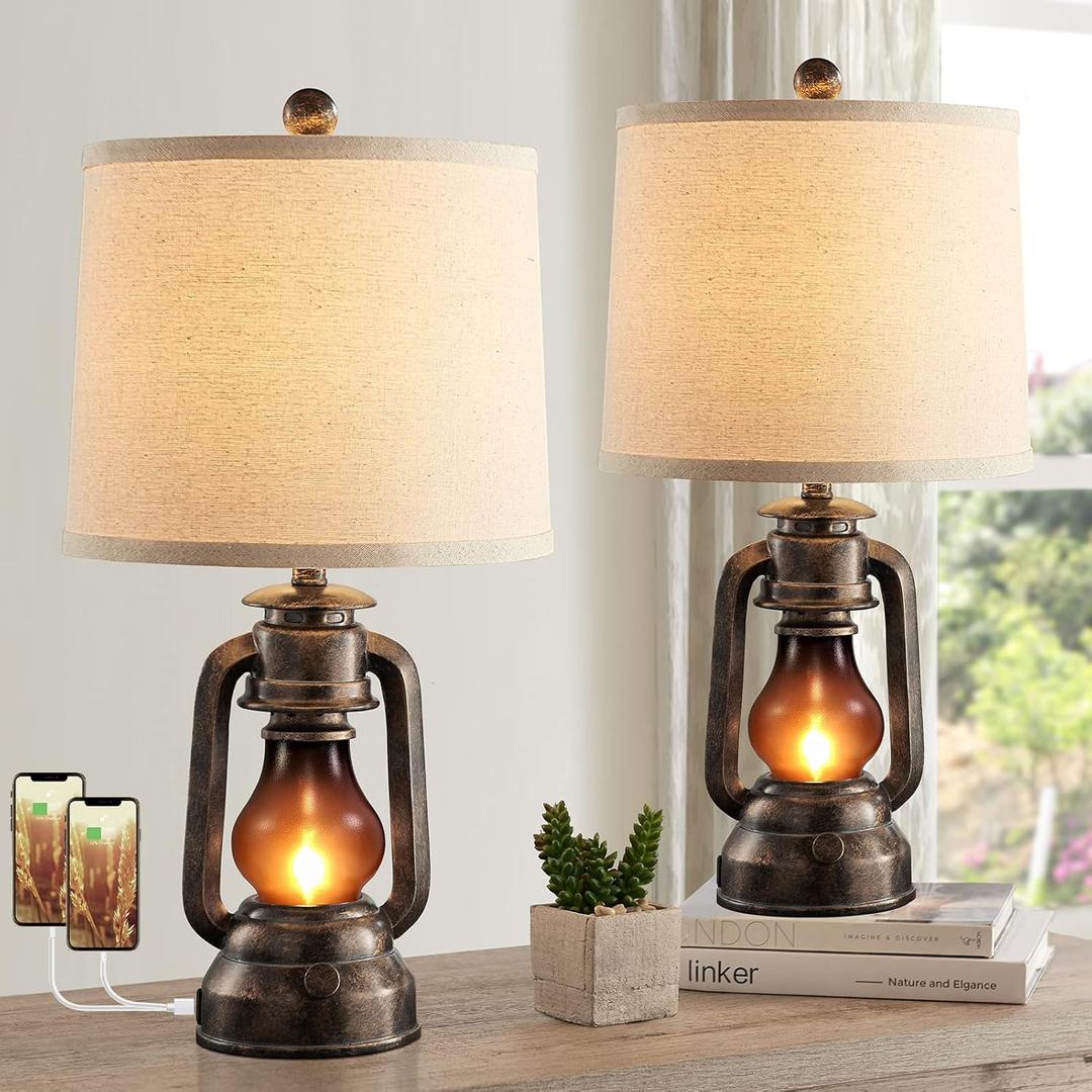 RORIANO Farmhouse Lantern Table Lamps for Living Room Set of 2, Vintage Bedroom Resin Lamp with Dual USB Charging Ports, Rustic Retro Bedside Nightstand Desk Lamp, 4 Bulb Included