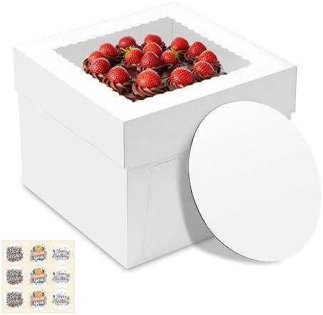 20 Pack Cake Boxes, 10x10x8 Inches Tall Cakes Box with Window, White Cake Boxes with Cake Boards, Square Bakery Box, for Cake, Treat Cookie Dessert, Pastry, Birthday Party, Mother's Day, Weddings
