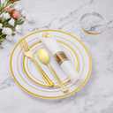 Goodluck 700 Piece Gold Plastic Dinnerware Set for 100 Guests, Disposable Plates for Party, Include: 100 Dinner Plates, 100 Dessert Plates, 100 Pre Rolled Napkins with Silverware, 100 Cups