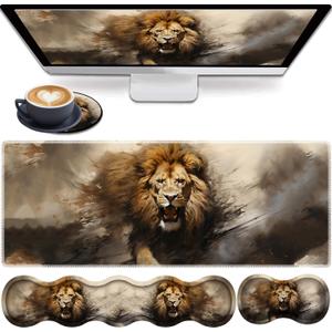 4 in 1 Mouse Pad Combo, Large Gaming Mouse Pad + Keyboard Wrist Support + Mouse Wrist Rest + Coaster, Table Pad with Stitched Edge Ergonomic Wrist Pad Set, Lion