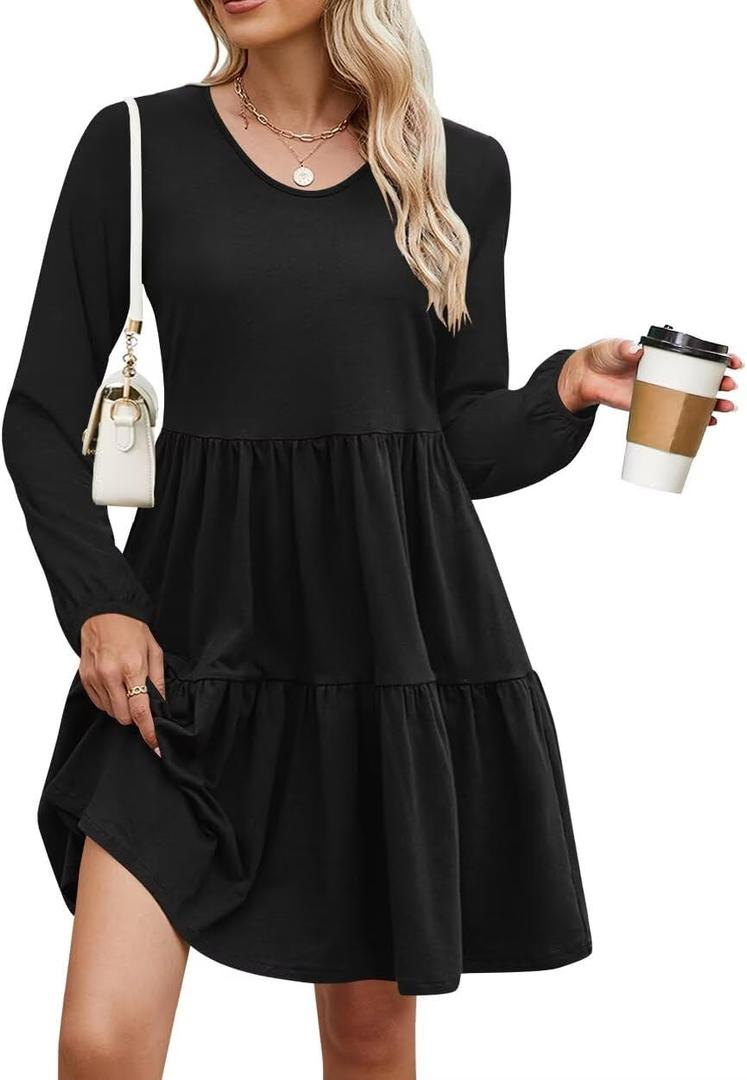 Wkior Womens Long Sleeve Dress 2025 Fall Casual V Neck High Waist A-Line Tiered Flowy Swing Babydoll Mini Short Dresses (XX-Large, Black)