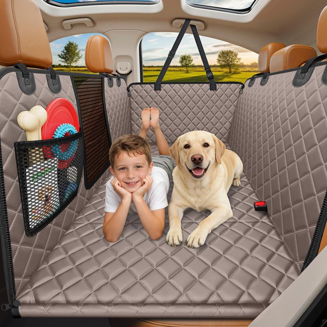 URPOWER Backseat Extender for Dogs - Hard Bottom Dog Car Seat Cover for Back Seat, Dog Hammock for Car and SUV, Pet Rear Seat Protector Dogs Travel Bed with Mesh Window & Side Flaps (Medium - for Most Sedans & SUVs, Khaki)
