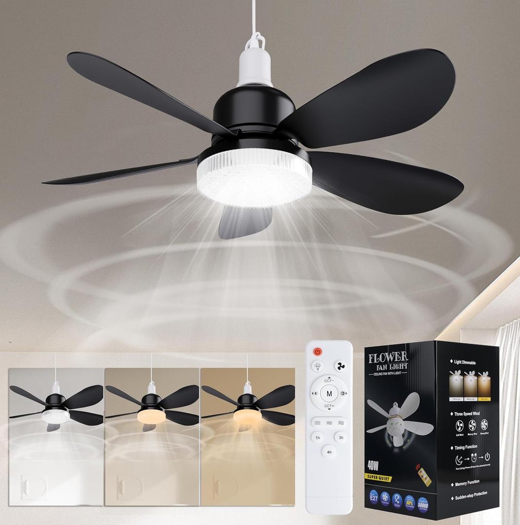 Ceiling Fan with Remote, Portable Small Ceiling Fans with Lights Dimmable for Bedroom, Kitchen, Living Room, 20.5 Ceiling Fan with 3000K-6500K/40W, Screws into E26/E27 - Black