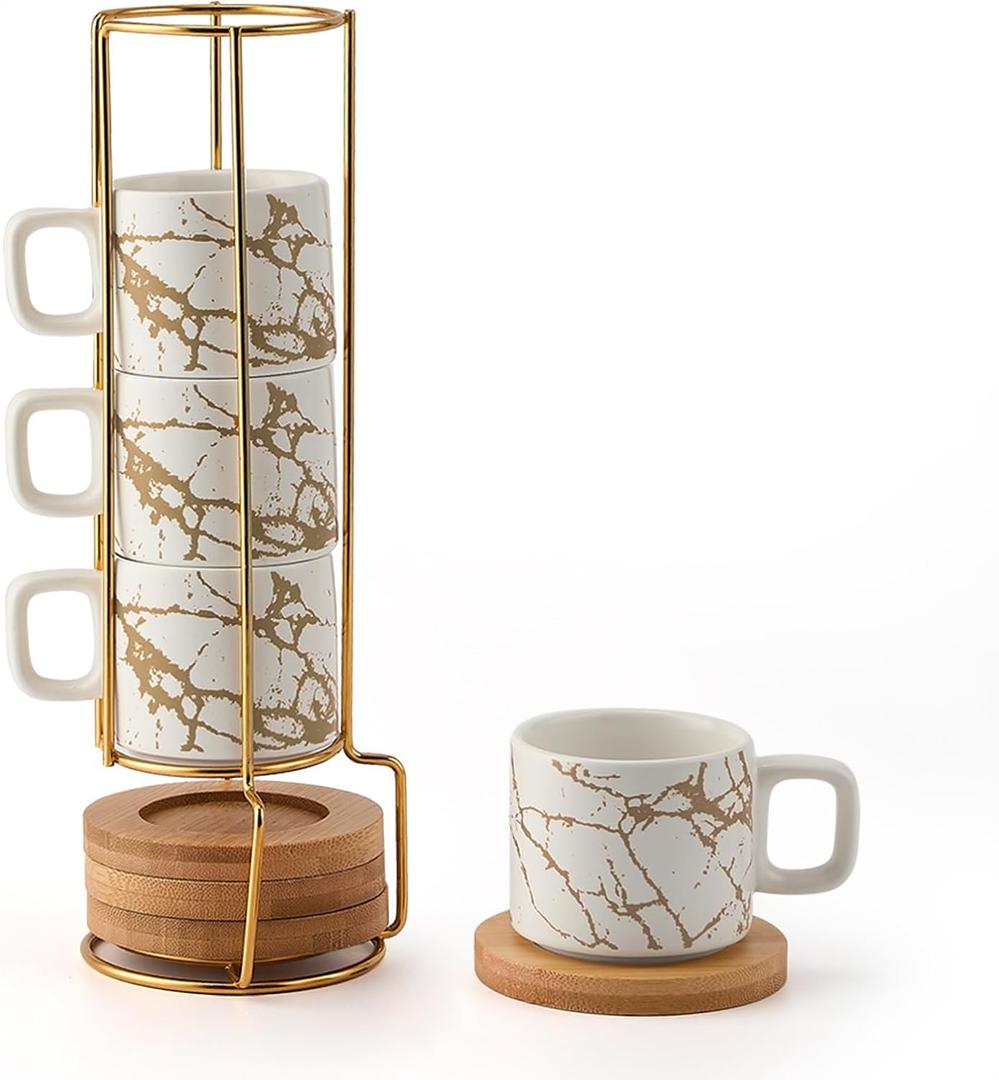 LUKA Porcelain Espresso Cup with Saucer and Metal Stand, 4 Ounce Stackable Ceramic Demitasse Espresso Mugs Cups Set for Latte, Coffee, Cafe Mocha, Tea(Set of 4),Marbling White