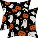 Halloween Pillow Covers 18x18 Pack of 2 Black Orange Ghost Pumpkin Throw Pillow Covers Outdoor Decoration,Autumn Halloween Holiday Ghost Pillowcase Linen Decorative Cushion Case for Couch Sofa