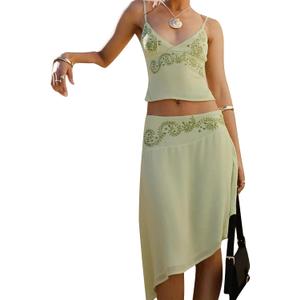 Aopwsrlyi Women Boho Set Sleeveless V Neck Open Back Cami Top and Asymmetrical Midi Skirt Sets Summer 2 piece outfits (Green, M)