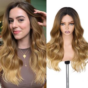 Lady Miranda Ombre Blonde Wavy Wig Middle Part Curly Wavy Wigs for Women Natural Looking Long Blonde Highlights Wigs Synthetic Wig Ombre Brown Natural Wavy Hair (1-Ombre Blonde Highlight 22)