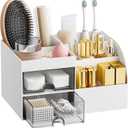 Makeup Organizer with 2 Drawers, Makeup Organizers Countertop for Vanity and Bathroom, Makeup Organization and Skincare Storage with Brush Holder, for Dresser, Desktop, Cosmetic Display Case (White)