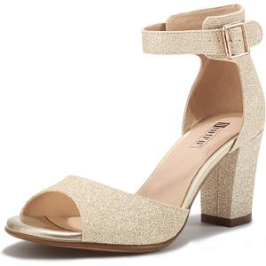 IDIFU Women's Candie-MI Peep Toe Low Block Heels Sandals Ankle Strap Comfy Chunky Wedding Dress Shoes (6.5, Gold Glitter)