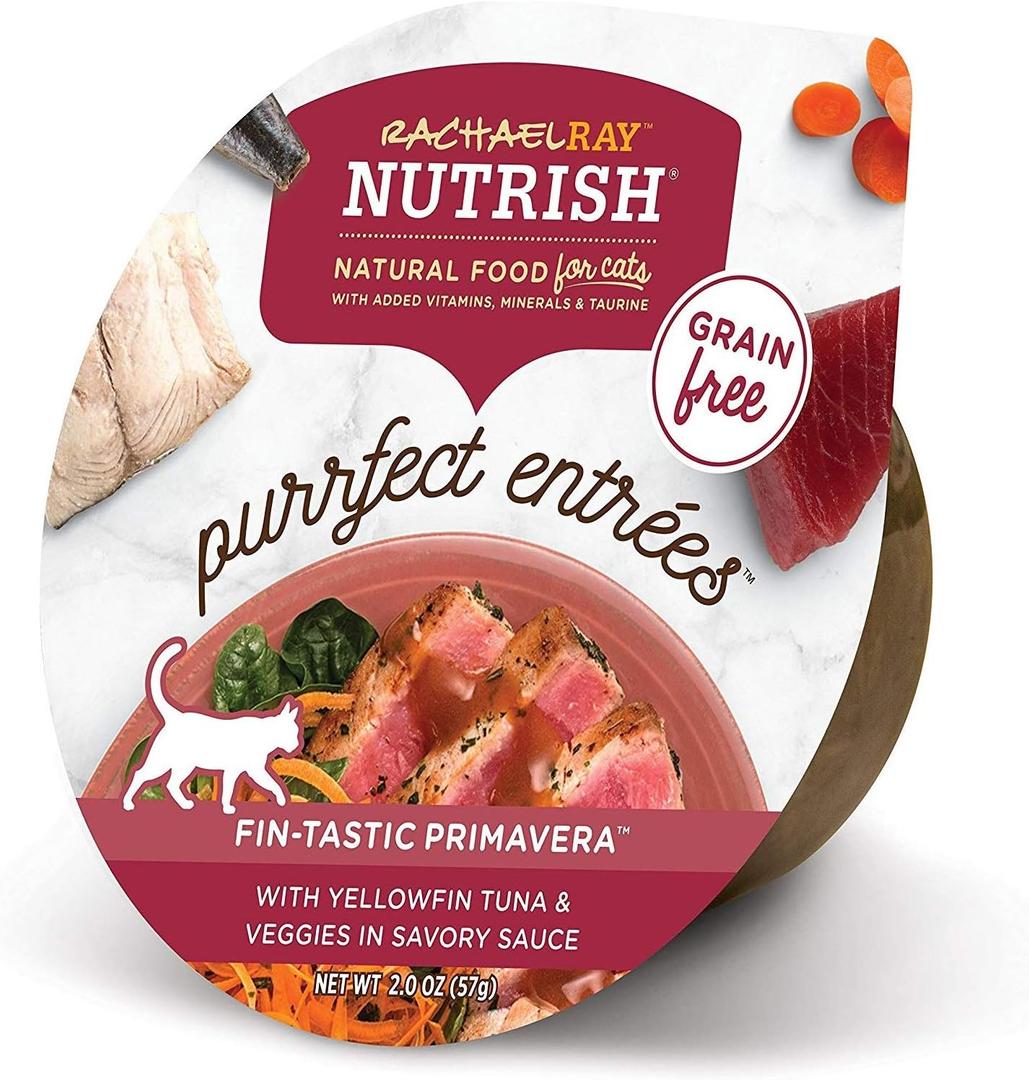 Nutrish Rachael Ray Purrfect Entrees Natural Wet Cat Food with Added Vitamins, Minerals & Taurine, Yellowfin Tuna & Veggies Recipe, 2 Ounce Cup (Pack of 12), Grain Free, BBD May, 01, 202