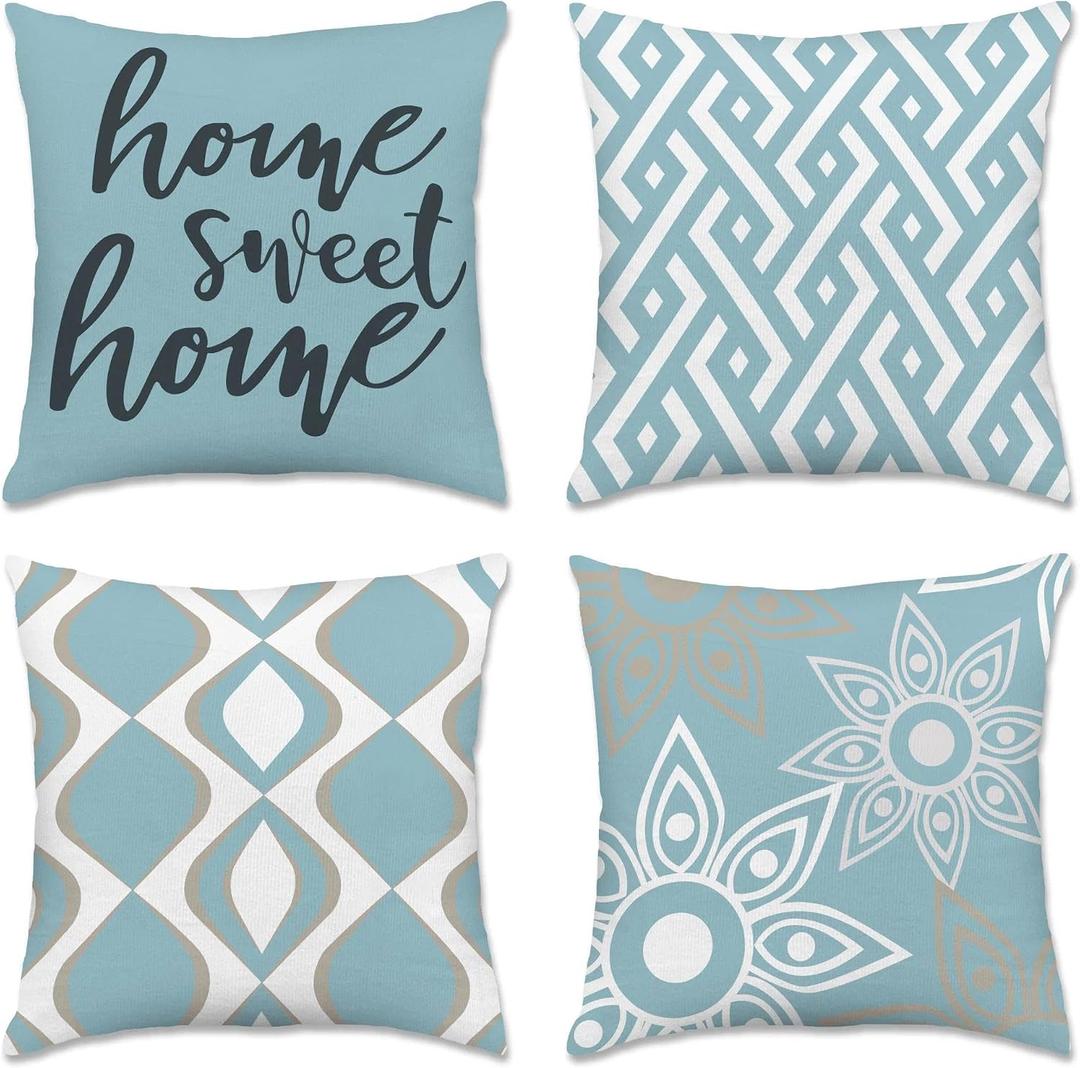 Hexagram Outdoor Throw Pillow Covers 18x18 Set of 4, Decorative Geometric Modern Boho Blue Pillow Covers, Home Sweet Home Farmhouse Cushion Case for Couch Sofa Indoor Bedroom Decor(No Insert)