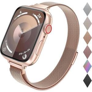 CTYBB for Apple Watch Band Series Ultra SE 8 7 6 5 4 3 2 1 38mm 40mm 41mm 42mm 44mm 45mm 49mm, Stainless Steel Slim & Thin Mesh Magnetic Clasp Strap Women and Girl Replacement Band for iWatch (A-Champagne Gold)