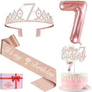 7th Birthday Decorations for Girls, Including 7th Birthday Sash and Tiara, Cake Topper and Candle, Number Balloon, 7 Year Old Girl Gifts