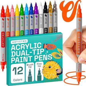 ARTISTRO 12 Acrylic Paint Markers - Paint Pens for Drawing, Brush + Fine Tips - For Fabric, Rock, Glass, Wood, DIY, Eggs - Art & Craft Supplies for Adults, Teens, Kids - Easter Basket Stuffers
