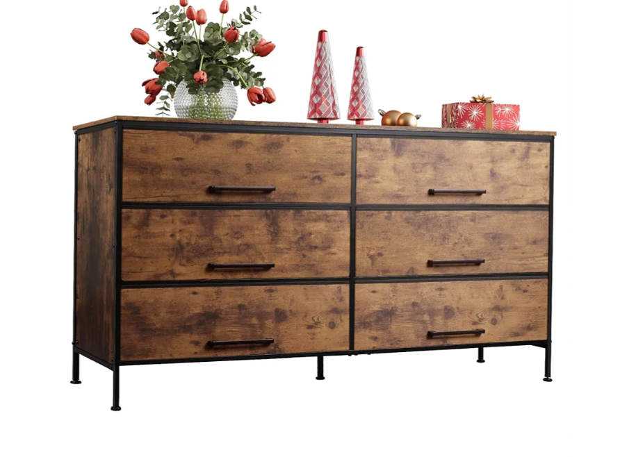 WLIVE 6 Drawer Dresser for Bedroom Large, Fabric Wide Dresser TV Stand for 55, 60, 65, 70 inch TV, Big Long Chest of Drawers with Deep Drawer for Closet, Bedroom, Living Room, Hallway, Rustic Brown