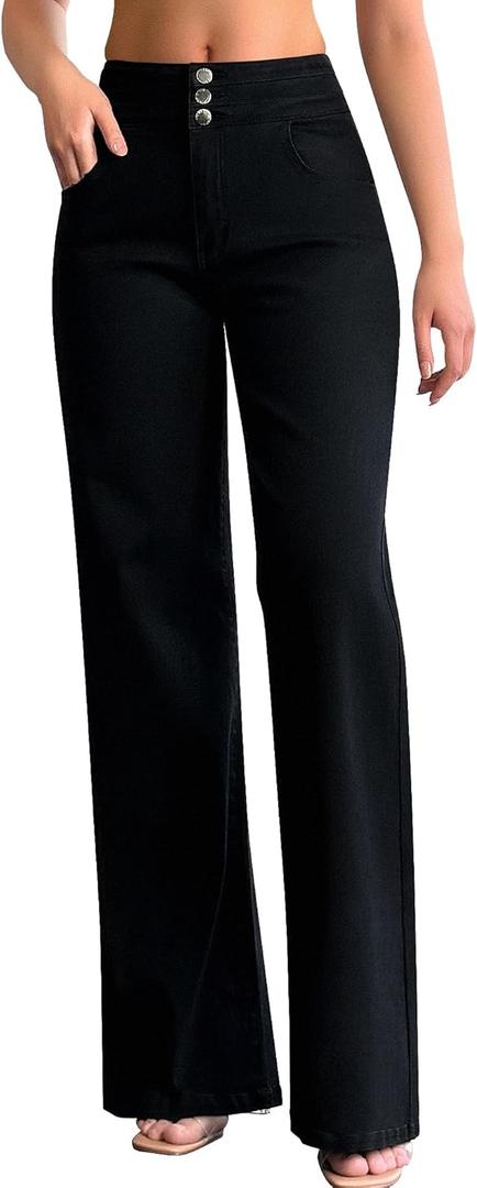 roswear Women's Wide Leg Jeans Casual High Waisted Stretch Baggy Loose Denim Pants (Large, Black)
