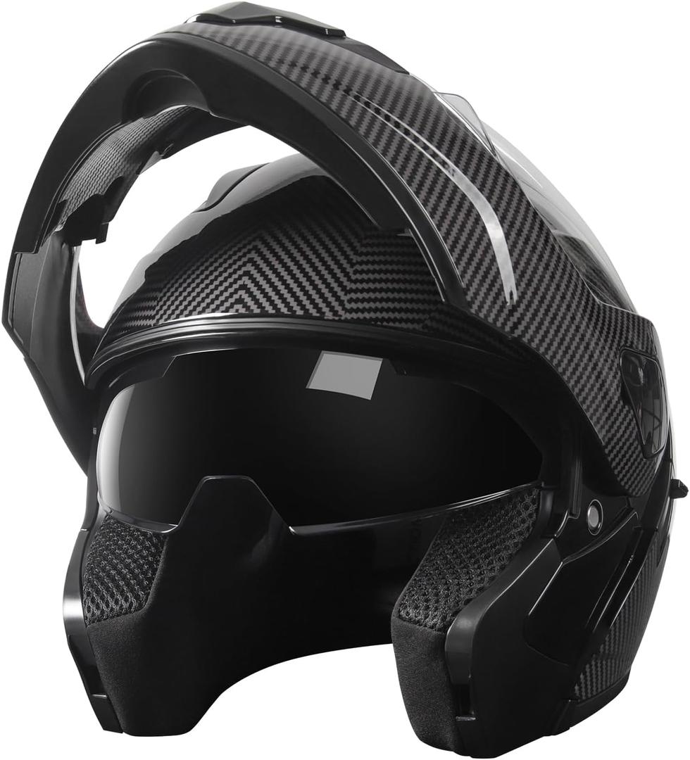 SPARK DOT Approved Modular Flip-Up Dual Visor Motorcycle Full Face Helmet for Adults Men & Women (Carbon Fiber, X-Large)