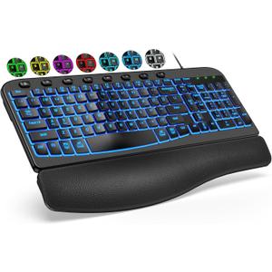 SABLUTE Ergonomic Keyboard, USB Wired with Cushioned Wrist & Palm Rest, 7-Color Backlit Adjustable Brightness for Windows, macOS, Desktop, Laptop & PC (Black)