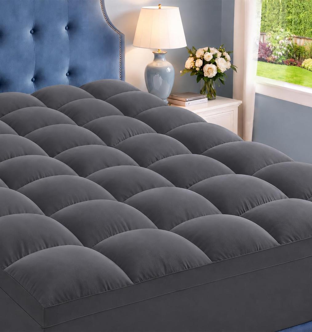 ELEMUSE Queen Grey Mattress Topper, Thick Pillow Top Mattress Pad Cover