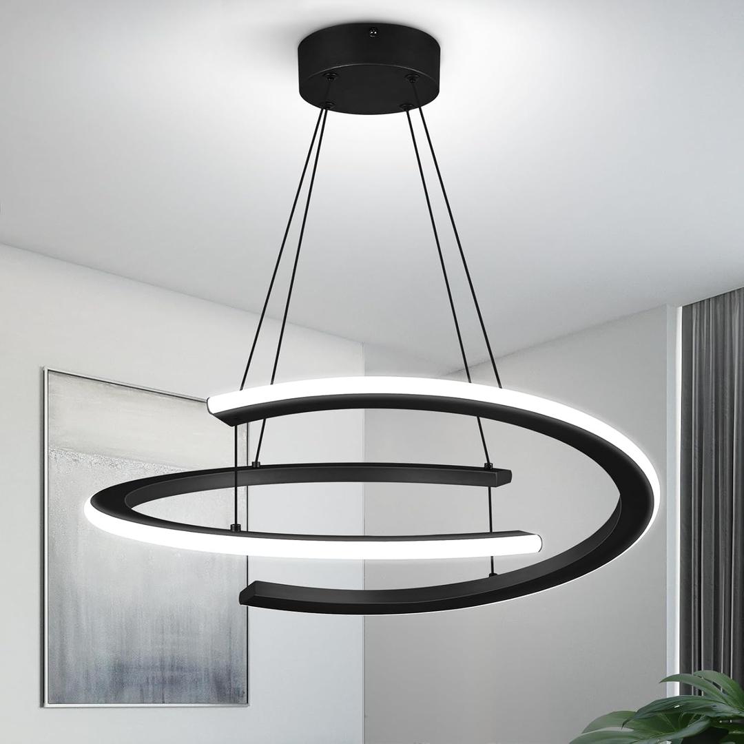Black Modern LED Chandelier 6000K Dimmable Chandeliers 20.4in Height Adjustable LED Pendant Light for Dining Room Kitchen Island Bedroom Living Room Foyer Stairway (M- External glow)