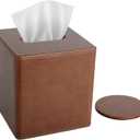 LAMOTI Tissue Box Cover Square with 4" Coaster, PU Leather Decorative Cube Tissue Box Holder with Magetic Closure for Home & Office (Brown)