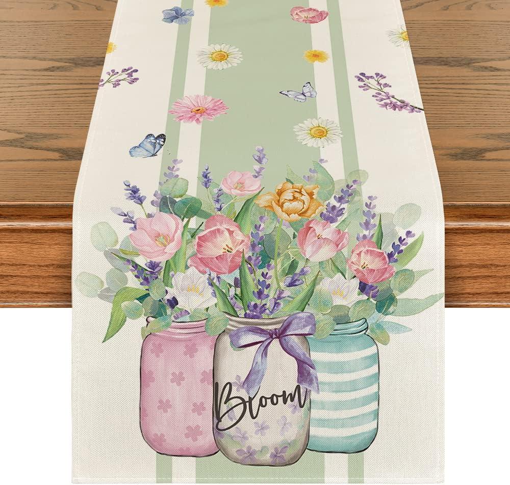 Artoid Mode Vase Bloom Tulip Lavender Summer Table Runner, Seasonal Spring Kitchen Dining Table Decoration for Home Party Decor 13x90 Inch (Green/White)
