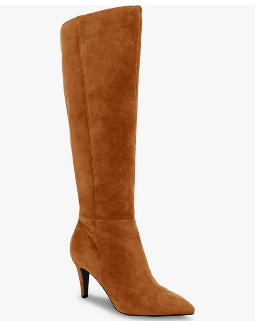 Coutgo Womens Wide Calf Knee High Boots Stiletto High Heel Pointed Toe Side Zipper Suede Long Boots Winter Shoes