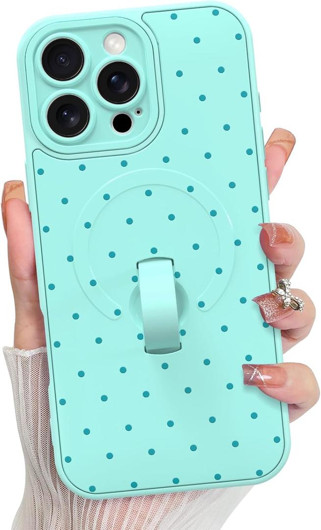 KANGHAR Compatible with iPhone 16 Pro Max Case, Support for MagSafe, Silicone Spot Cute Pattern, Wristband Kickstand Camera Protection Shockproof Soft Slim Cover for Girls Women, Blue