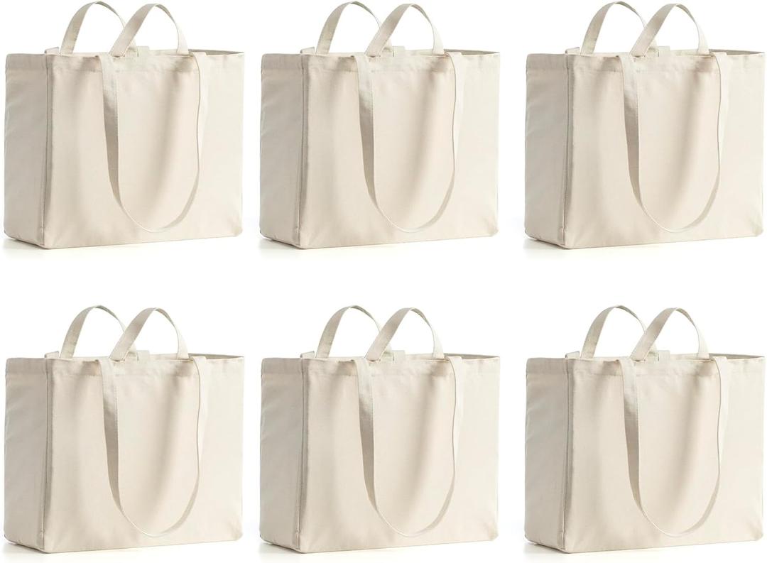 LINICE Canvas Tote Bag Reusable Grocery Bags with Long Shoulder Strap and Short Handle Foldable Heavy Duty Washable (6 Pack)