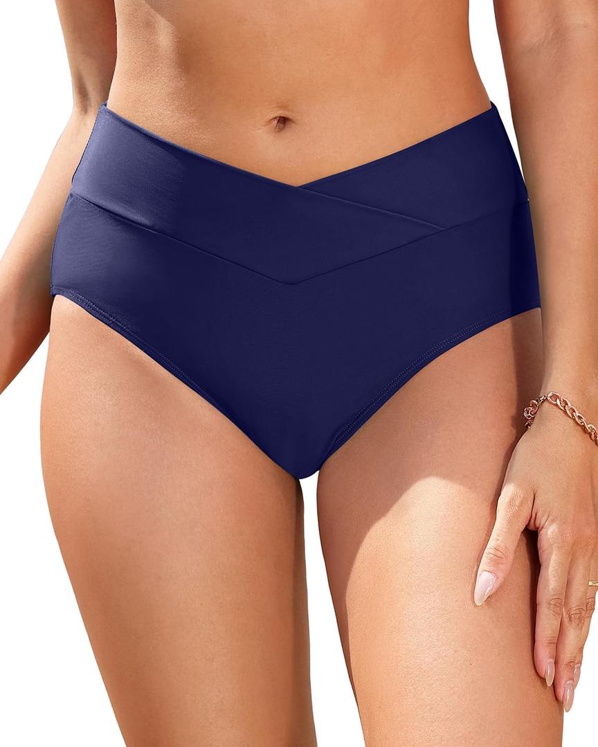Women V Cut Full Coverage Bikini Bottom - High Waist Swim Bathing Suit Bottoms Cross V Front Swimsuit (Medium)