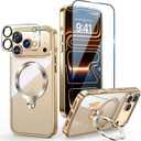 [Tri-Shield Protection] for iPhone 17 Pro Case with 360 Spin Stand Compatible with MagSafe [Magnetic CD Ring] [Screen & Camera Lens Protector] Shockproof Plating Never-Yellowing, Gold-6.3"