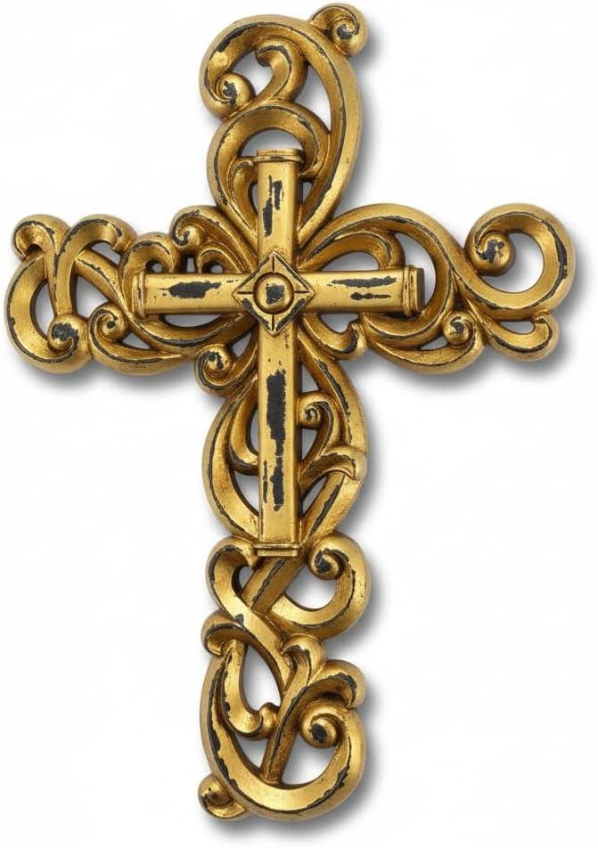 Comfy Hour 12" Ornate Wall Hanging Cross, Gold Antique Style Religious Decoration, Artisan Finished Hollow Out Resin Plaque for Home Office Sanctuary, Traditional Wall Art, 1 Piece