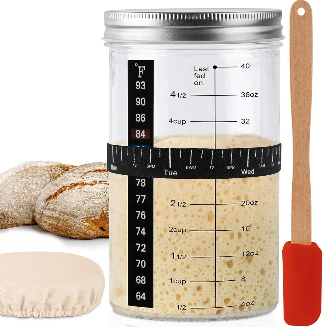 40oz/1200ml Sourdough Starter Kit Extra Thermometer Strips and Breathable Covers Included in Sourdough Starter Jar A Perfect Sourdough Bread Starter Kit for Beginners to Expert