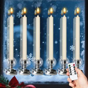 Christmas Flameless Taper Candles with Remote Timer, Dimmer, Ivory Battery Operated LED Window Candle with Silver Base, Real Wax CandleSticks for Home Seasonal Decorations (6 Pack)