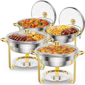 ROVSUN 6QT 4 Packs Chafing Dish Buffet Set Gold Accent, Round Stainless Steel Buffet Warmer Chafers and Warmers Sets with Glass Lid & Lid Holder for Catering Events Parties Weddings Dinners