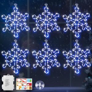 Hiboom 6 Pack Christmas Window Lights, 12 Inch Snowflake Lighted Decorations Wrapped with LED String Lights, 8 Modes Battery Powered Christmas Window Light for Xmas Indoor Decor (Blue White)