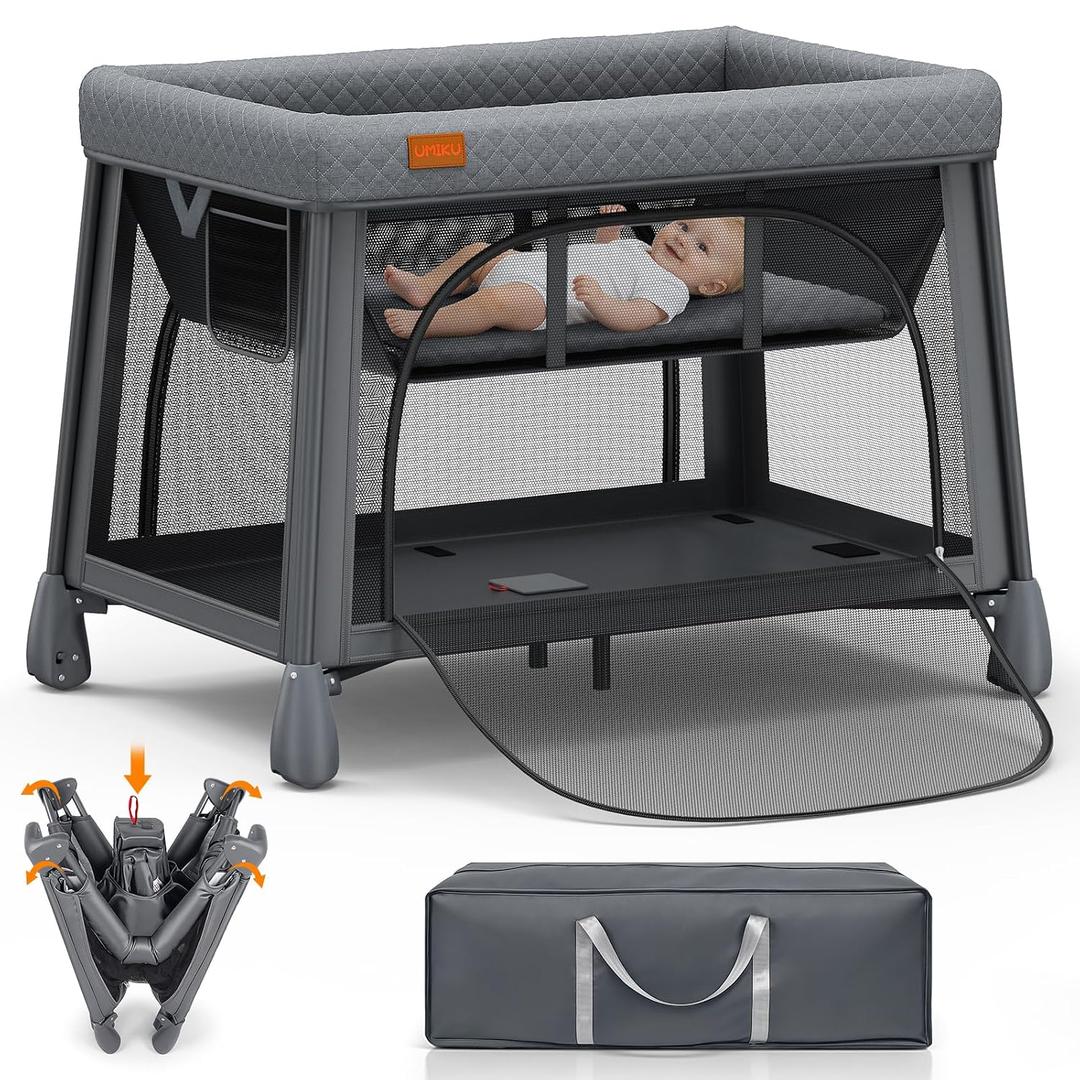 UMIKU Travel Pack and Play Baby Travel Crib Portable with Bassinet Grey